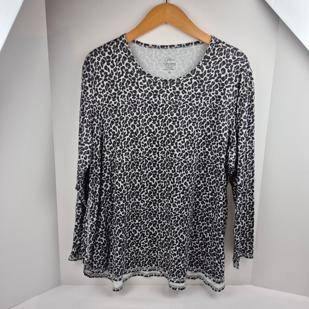 J. Jill Fit Performance Leopard Print Long Sleeve Tee XL Petite Black White